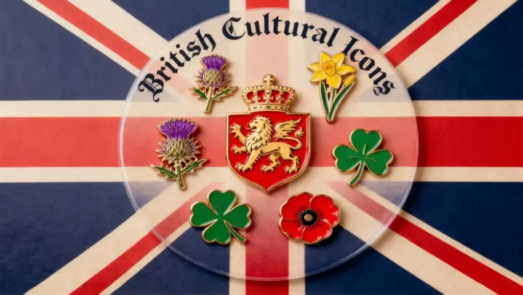 Collection of 4 UK-themed brooches: Scottish thistle, Welsh daffodil, Celtic knot, and Remembrance poppy – heritage jewelry