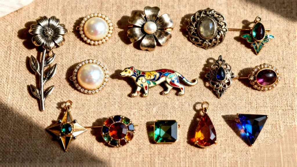 Assorted vintage and modern brooches flat lay