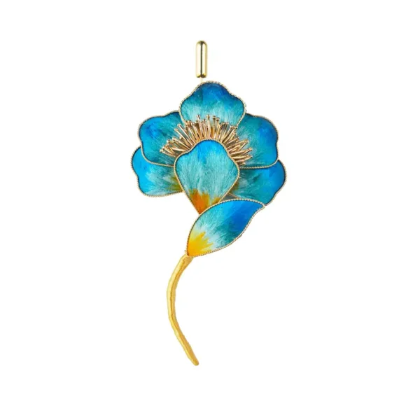 Blue silk flower petal brooch with gold edges