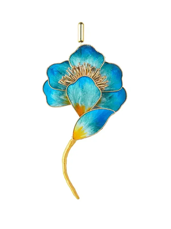 Blue silk flower petal brooch with gold edges