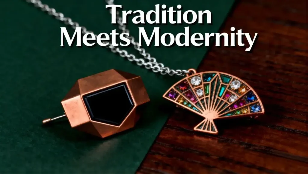 Grid of 6 brooches: Victorian hairwork, Art Deco gemstone, Edwardian filigree, enamel floral, wooden animal, and designer metal – labeled with materials/styles