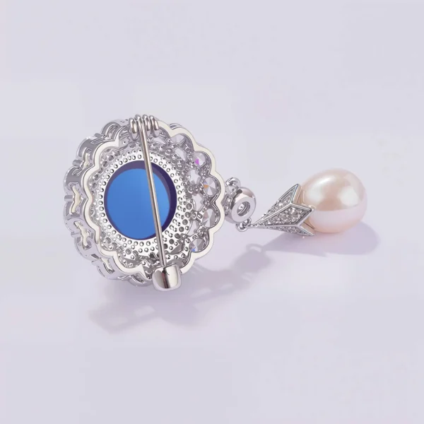 Blue Crystal Pearl Brooch Back View Back view of blue crystal pearl drop brooch