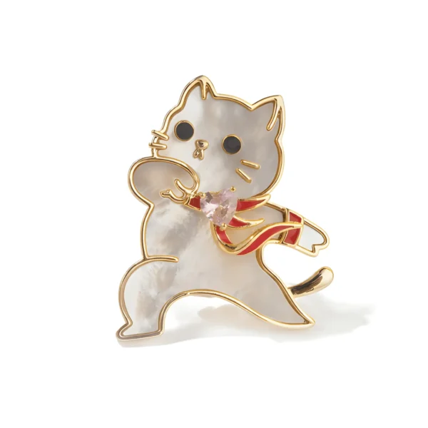 Cute dancing cat brooch with a pink stone and red scarf