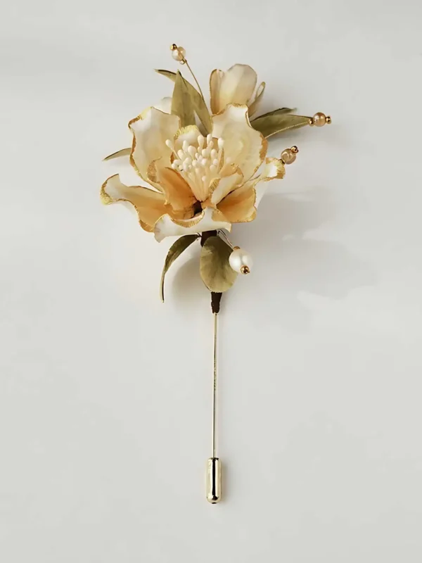 Front view of elegant handmade silk floral brooch