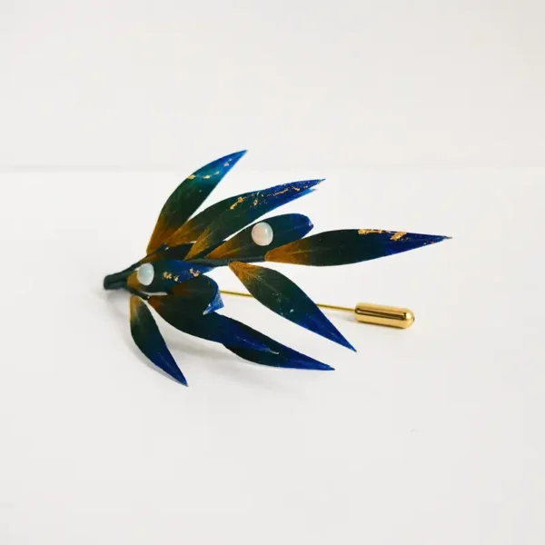 Handcrafted silk leaf brooch in artistic blue green tones Silk leaf brooch with blue green gold gradient