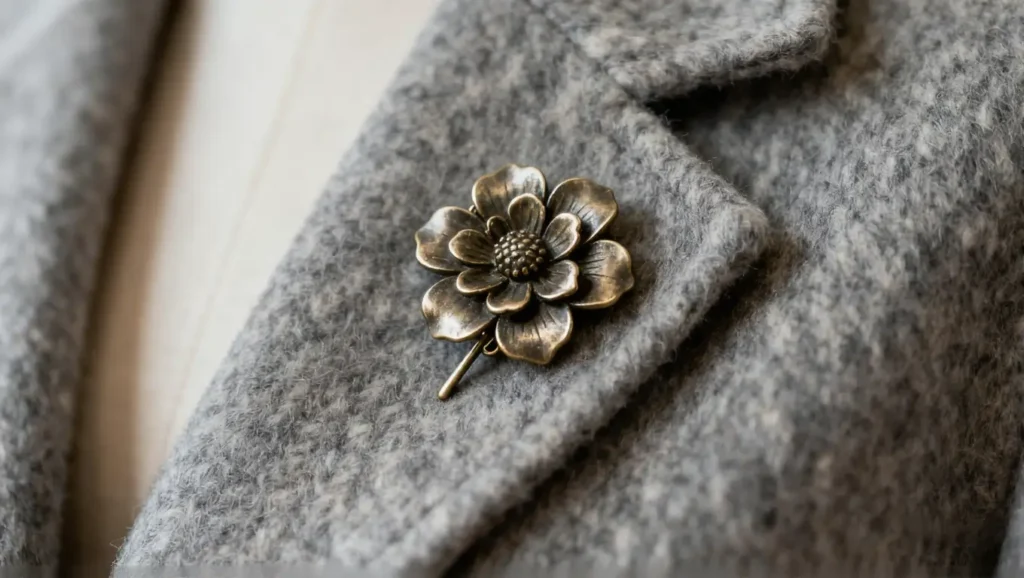 Vintage gold floral brooch on wool coat