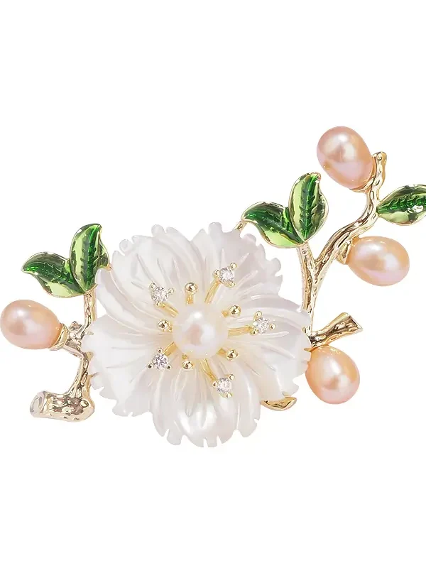 White blossom branch brooch with petals, buds and leaves